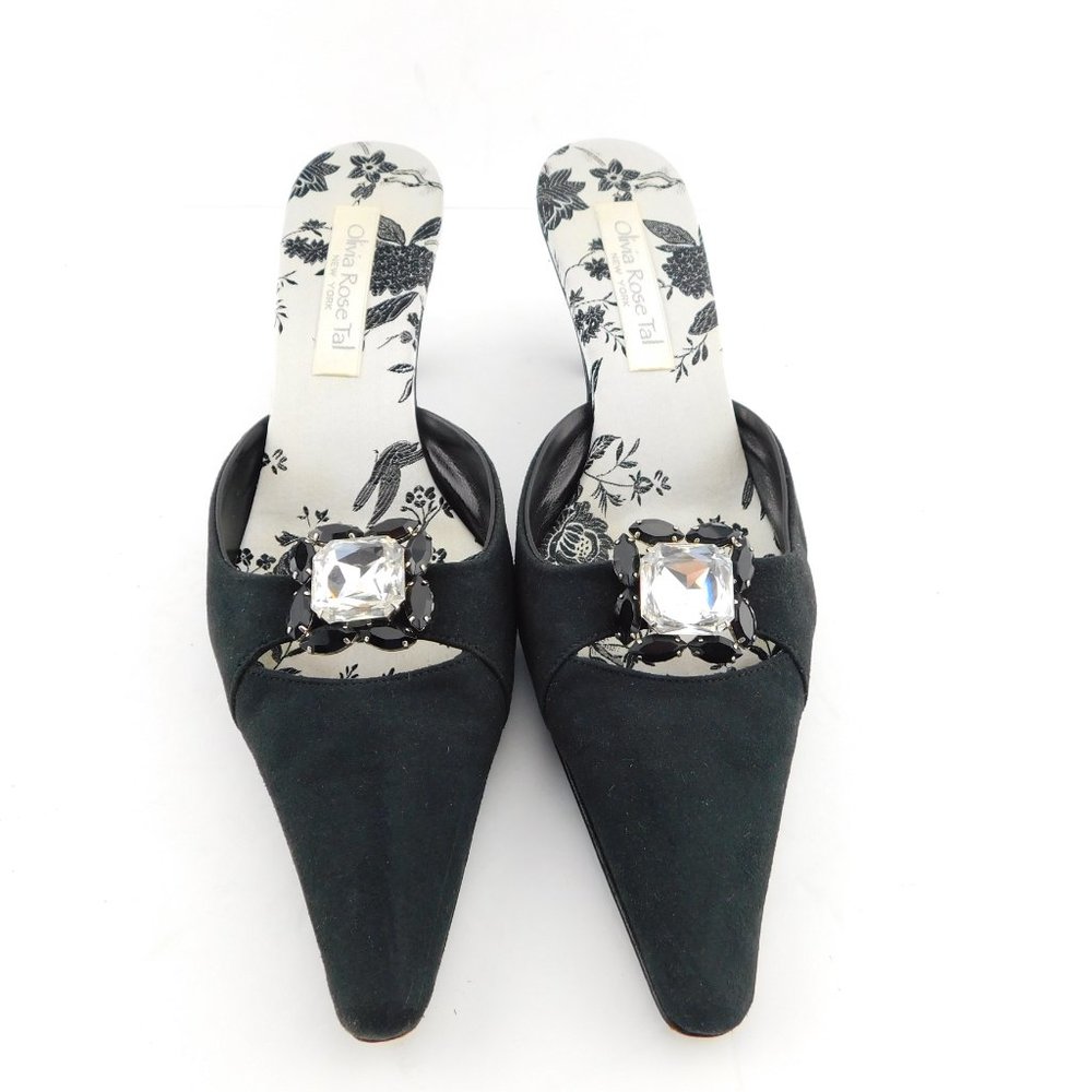 OLIVIA ROSE TAL Crystal Accent Black Suede Slide Heel Mules 8